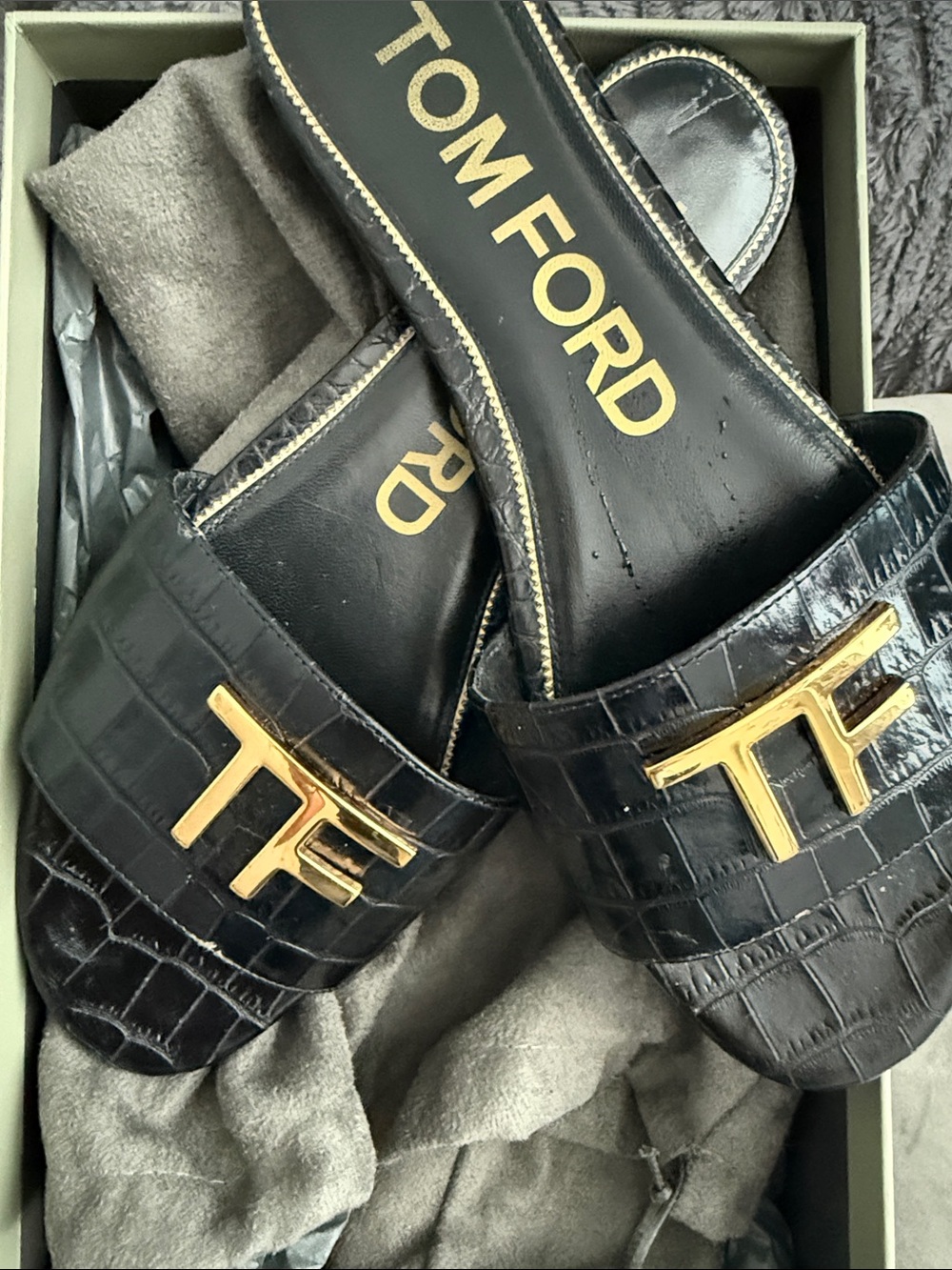 Tom Ford Black Croc-Embossed Slide Sandals with Gold TF Logo - Picture 13 of 14